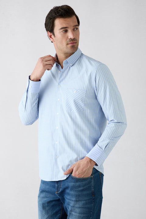 Dark Blue Long Sleeve Regular Fit Button-Down Collar Cotton Easy-Iron Plaid Shirt