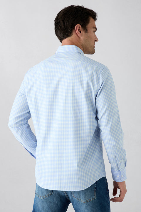 Dark Blue Long Sleeve Regular Fit Button-Down Collar Cotton Easy-Iron Plaid Shirt