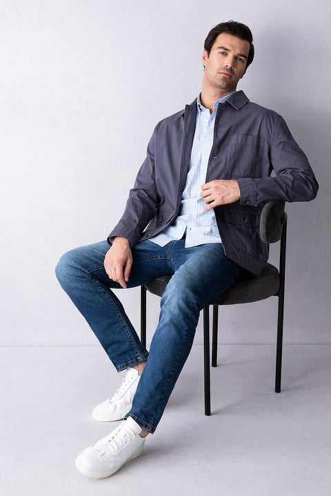 Dark Blue Long Sleeve Regular Fit Button-Down Collar Cotton Easy-Iron Plaid Shirt