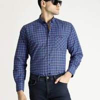 Blue Long Sleeve Regular Fit Button-Down Collar Easy Iron Plaid Cotton Shirt