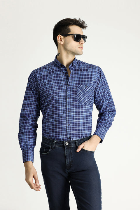 Blue Long Sleeve Regular Fit Button-Down Collar Easy Iron Plaid Cotton Shirt