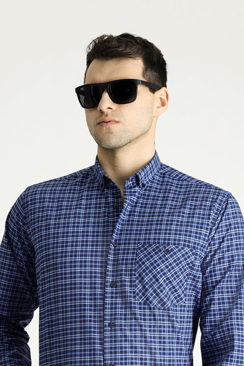 Blue Long Sleeve Regular Fit Button-Down Collar Easy Iron Plaid Cotton Shirt