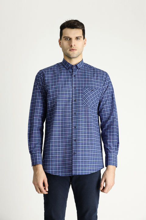 Blue Long Sleeve Regular Fit Button-Down Collar Easy Iron Plaid Cotton Shirt