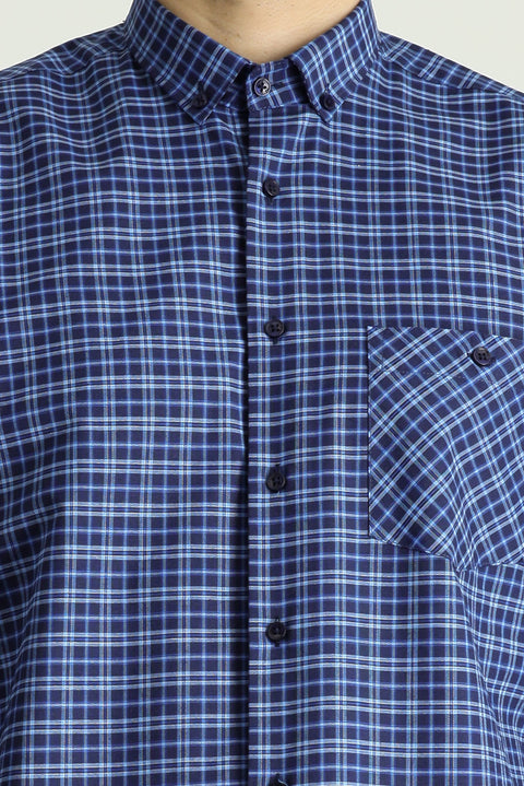 Blue Long Sleeve Regular Fit Button-Down Collar Easy Iron Plaid Cotton Shirt
