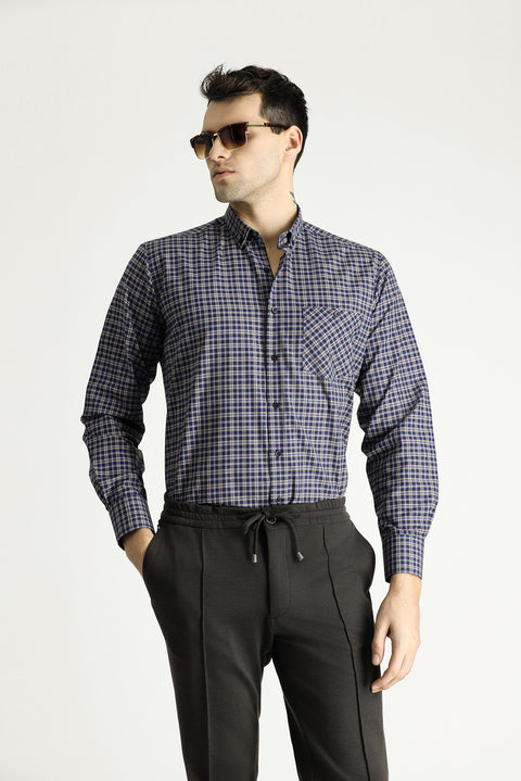 Mustard Long Sleeve Regular Fit Button-Down Collar Cotton Easy Iron Plaid Shirt