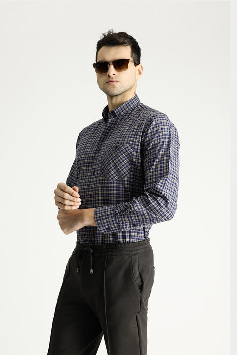Mustard Long Sleeve Regular Fit Button-Down Collar Cotton Easy Iron Plaid Shirt