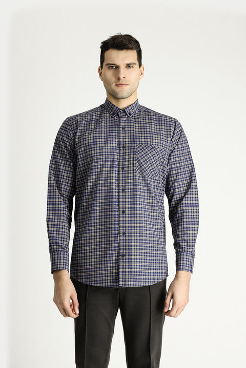Mustard Long Sleeve Regular Fit Button-Down Collar Cotton Easy Iron Plaid Shirt