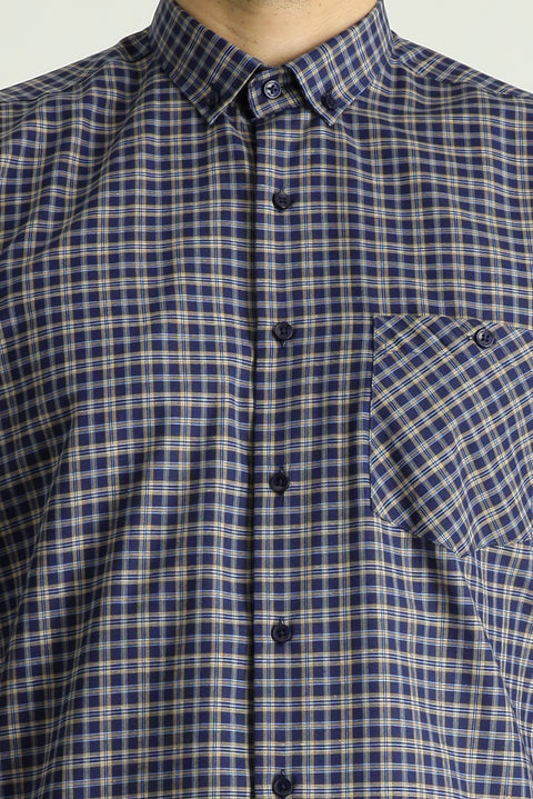 Mustard Long Sleeve Regular Fit Button-Down Collar Cotton Easy Iron Plaid Shirt