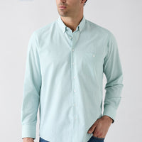 Mint Green Long Sleeve Regular Fit Button-Down Collar Cotton Easy Iron Plaid Shirt