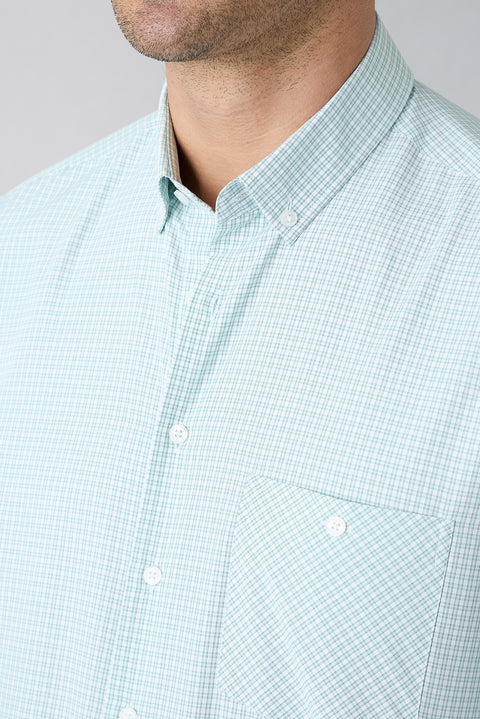 Mint Green Long Sleeve Regular Fit Button-Down Collar Cotton Easy Iron Plaid Shirt
