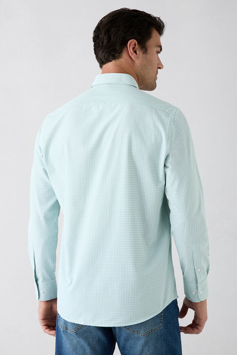 Mint Green Long Sleeve Regular Fit Button-Down Collar Cotton Easy Iron Plaid Shirt