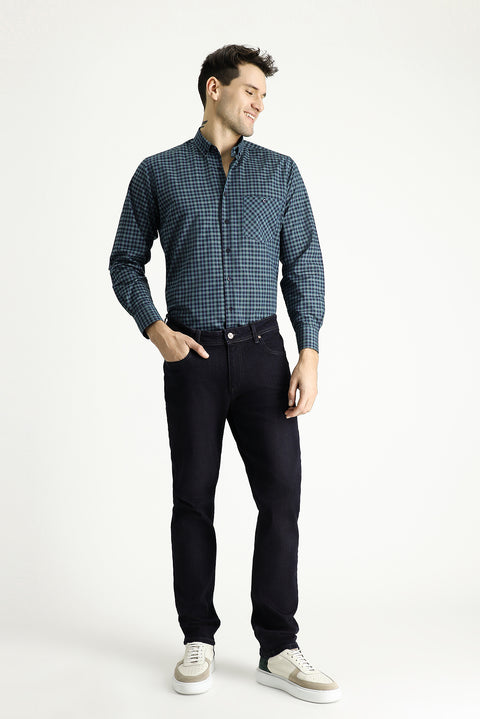 Dark Green Long Sleeve Regular Fit Button-Down Collar Cotton Easy-Iron Plaid Shirt