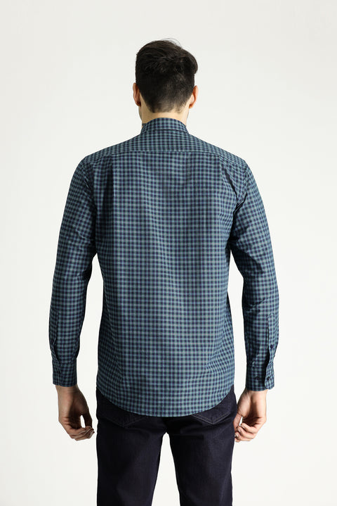 Dark Green Long Sleeve Regular Fit Button-Down Collar Cotton Easy-Iron Plaid Shirt