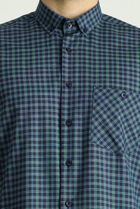 Dark Green Long Sleeve Regular Fit Button-Down Collar Cotton Easy-Iron Plaid Shirt