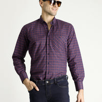 Dark Red Long Sleeve Regular Fit Button-Down Collar Cotton Easy Iron Plaid Shirt