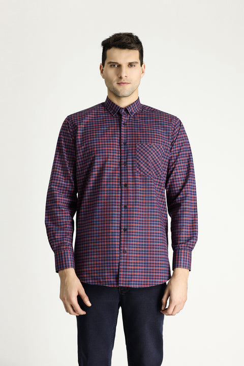 Dark Red Long Sleeve Regular Fit Button-Down Collar Cotton Easy Iron Plaid Shirt