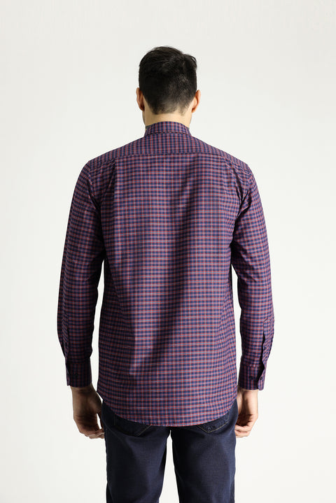 Dark Red Long Sleeve Regular Fit Button-Down Collar Cotton Easy Iron Plaid Shirt