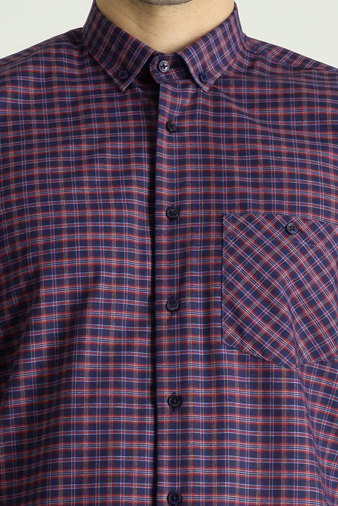 Dark Red Long Sleeve Regular Fit Button-Down Collar Cotton Easy Iron Plaid Shirt