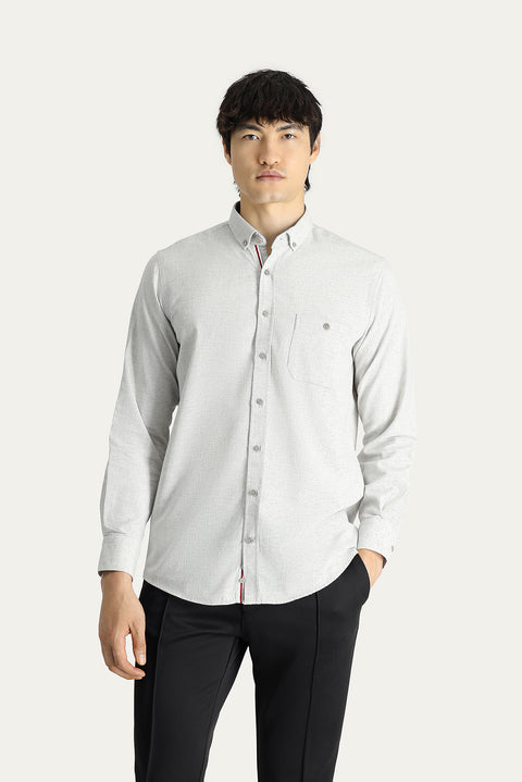 Cream Long Sleeve Slim Fit Narrow Cut Lumberjack Sport Cotton Button-Down Collar Shirt