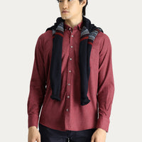 Light Burgundy Long Sleeve Slim Fit Narrow Cut Lumberjack Sport Cotton Button-Down Collar Shirt