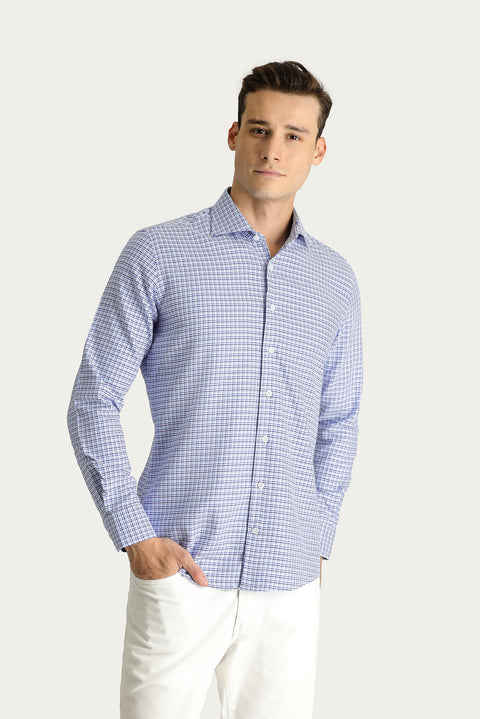 Dark Blue Long Sleeve Slim Fit Patterned Cotton Shirt