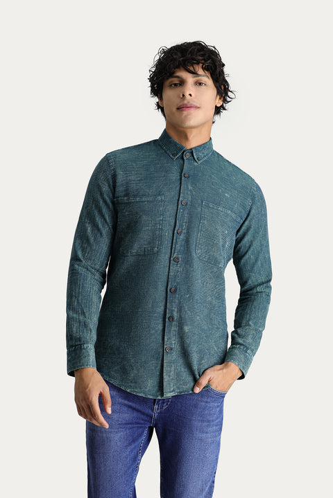 Dark Green Long Sleeve Slim Fit Narrow Cut Denim Look Sporty Cotton Shirt