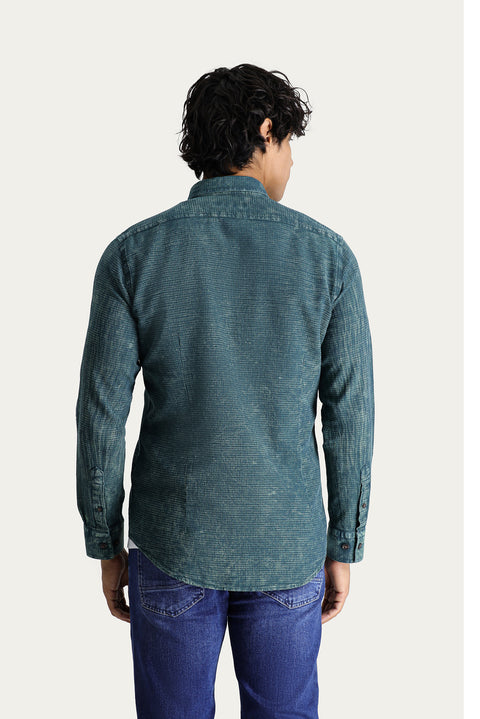 Dark Green Long Sleeve Slim Fit Narrow Cut Denim Look Sporty Cotton Shirt