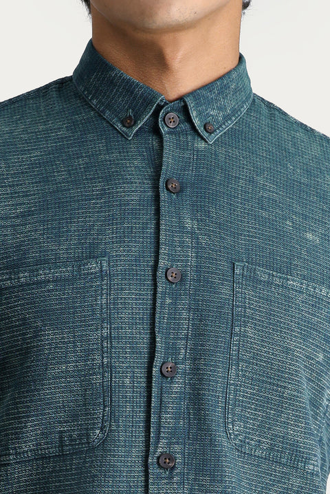 Dark Green Long Sleeve Slim Fit Narrow Cut Denim Look Sporty Cotton Shirt