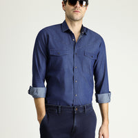 Indigo Long Sleeve Slim Fit Narrow Cut Denim Cotton Shirt