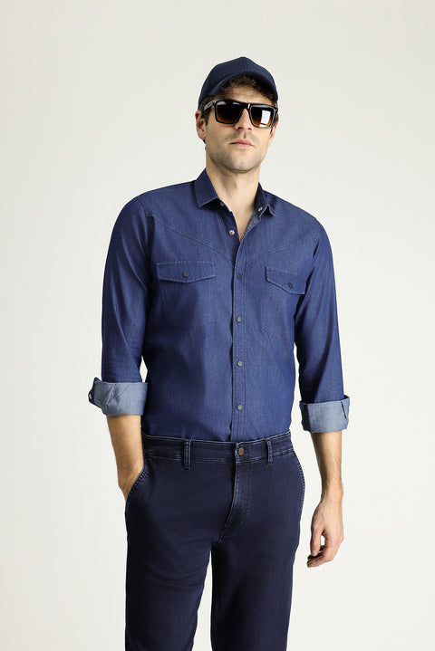 Indigo Long Sleeve Slim Fit Narrow Cut Denim Cotton Shirt