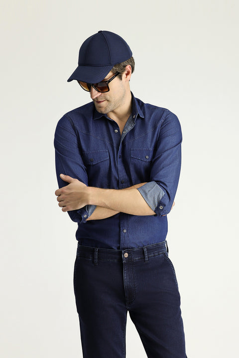 Indigo Long Sleeve Slim Fit Narrow Cut Denim Cotton Shirt