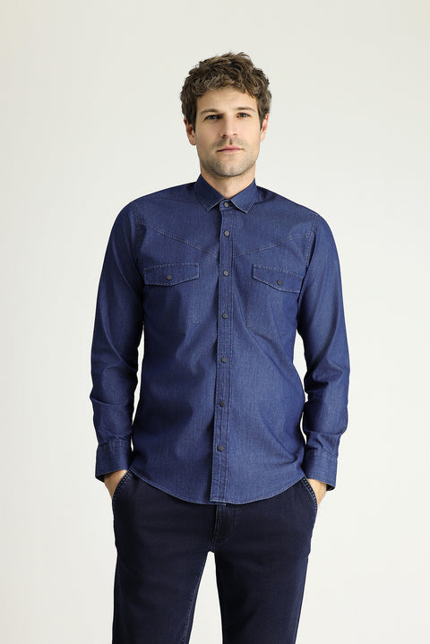 Indigo Long Sleeve Slim Fit Narrow Cut Denim Cotton Shirt