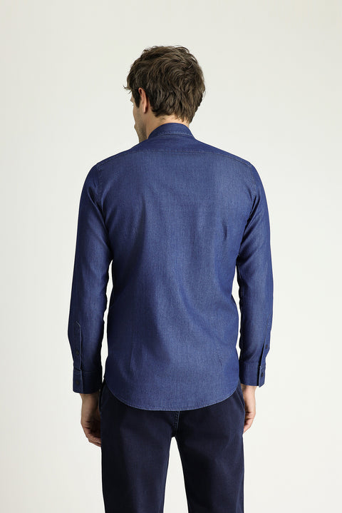 Indigo Long Sleeve Slim Fit Narrow Cut Denim Cotton Shirt