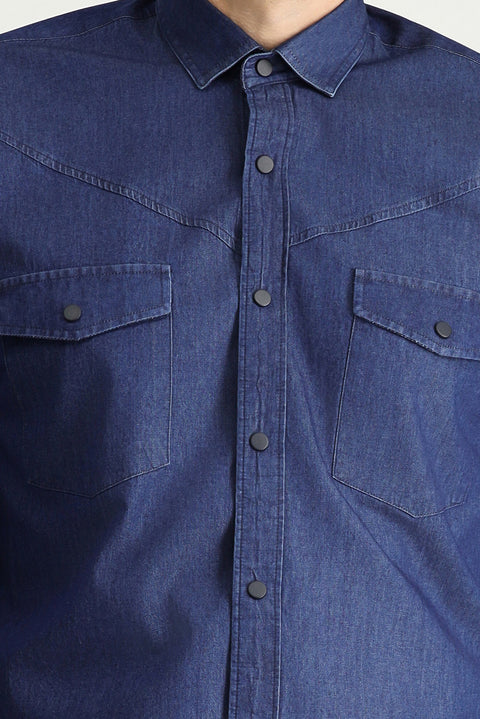 Indigo Long Sleeve Slim Fit Narrow Cut Denim Cotton Shirt