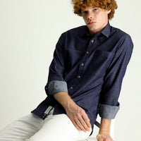 Medium Navy Long Sleeve Slim Fit Narrow Cut Denim Cotton Shirt