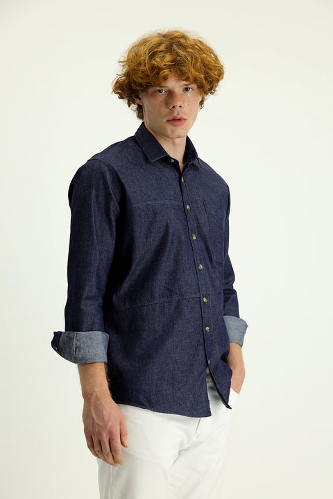 Medium Navy Long Sleeve Slim Fit Narrow Cut Denim Cotton Shirt