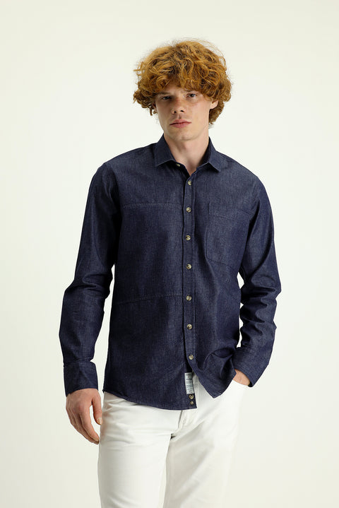 Medium Navy Long Sleeve Slim Fit Narrow Cut Denim Cotton Shirt