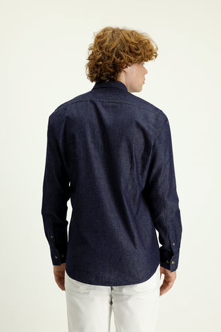  Orta Lacivert Uzun Kol Slim Fit Dar Kesim Denim Pamuk Gömlek