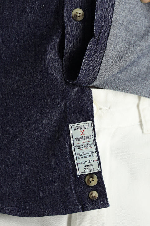 Medium Navy Long Sleeve Slim Fit Narrow Cut Denim Cotton Shirt