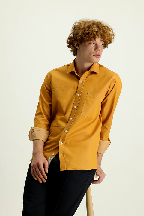 Mustard Long Sleeve Slim Fit Narrow Cut Denim Cotton Shirt