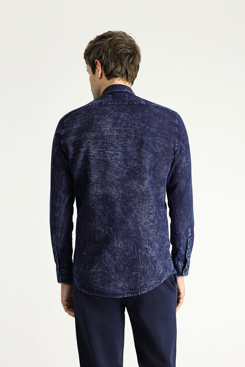 İndigo Uzun Kol Slim Fit Dar Kesim Denim Pamuk Gömlek
