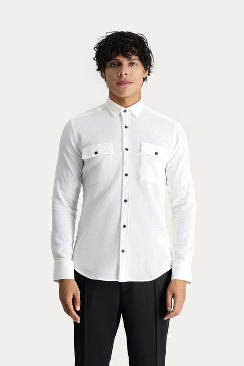 Ekru Uzun Kol Slim Fit Dar Kesim Pamuk Spor Gömlek
