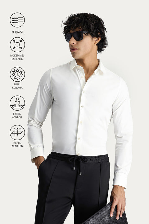 White Techno-Line Long Sleeve Slim Fit Shirt