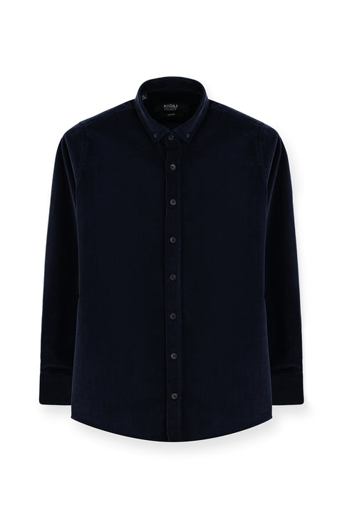 Dark Navy Long Sleeve Slim Fit Narrow Cut Cotton Button-Down Collar Velvet Shirt