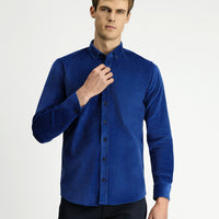 Dark Blue Long Sleeve Slim Fit Narrow Cut Cotton Button-Down Collar Velvet Shirt