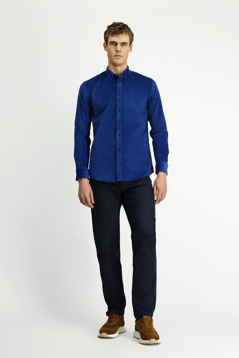 Dark Blue Long Sleeve Slim Fit Narrow Cut Cotton Button-Down Collar Velvet Shirt