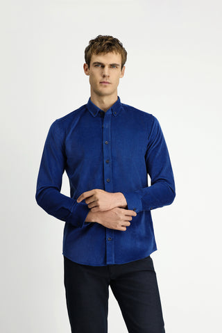  Koyu Mavi  Uzun Kol Slim Fit Dar Kesim Pamuklu Düğmeli Yaka Kadife Gömlek