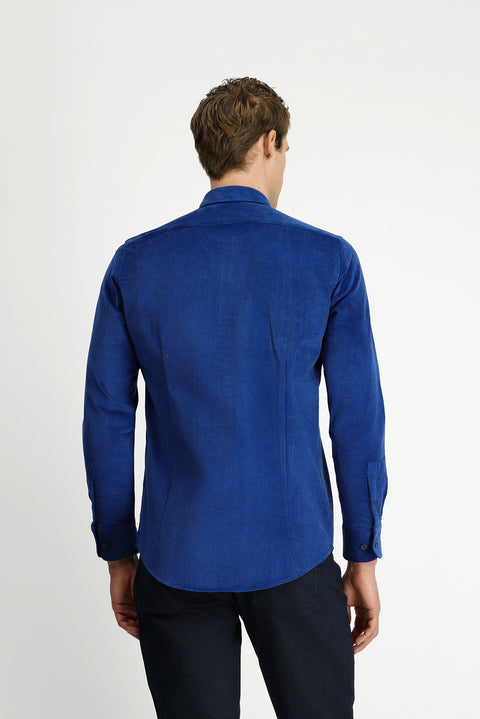 Dark Blue Long Sleeve Slim Fit Narrow Cut Cotton Button-Down Collar Velvet Shirt