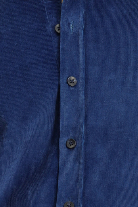 Dark Blue Long Sleeve Slim Fit Narrow Cut Cotton Button-Down Collar Velvet Shirt