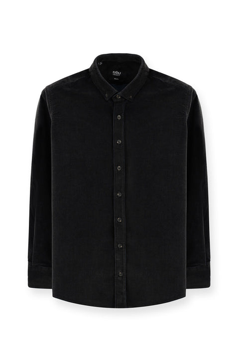Medium Anthracite Long Sleeve Slim Fit Narrow Cut Cotton Button-Down Collar Velvet Shirt